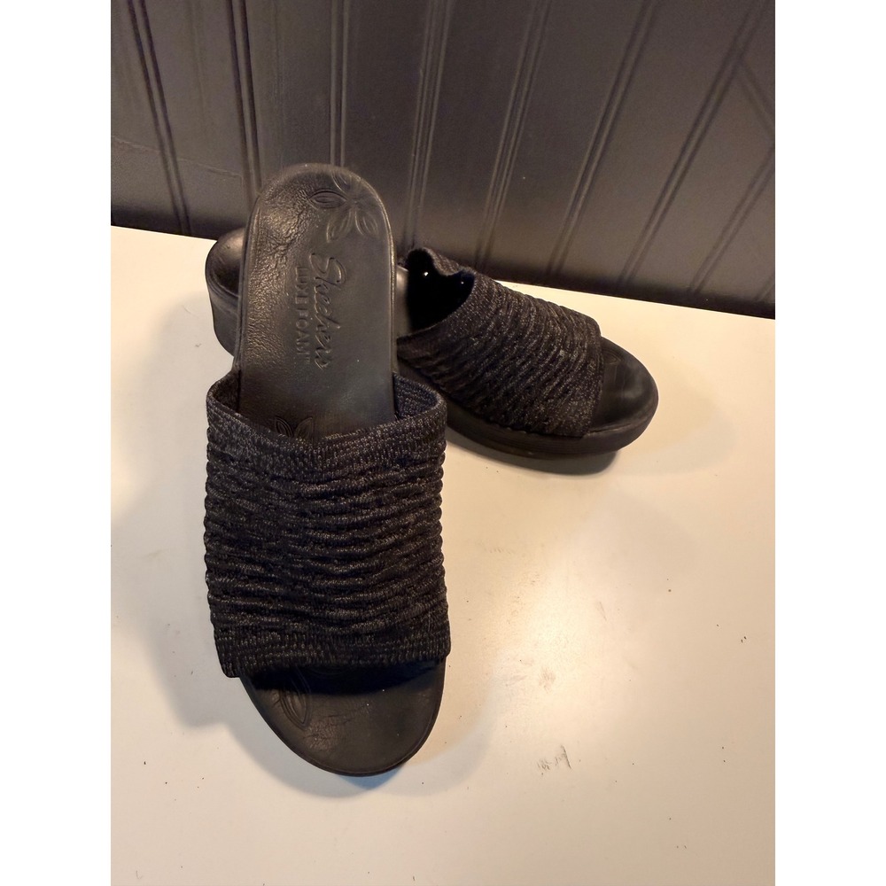 Skechers Luxe Foam Black Marl Knit Wedge Slide Sandals 16327 Womens Size 8 - Picture 12 of 13